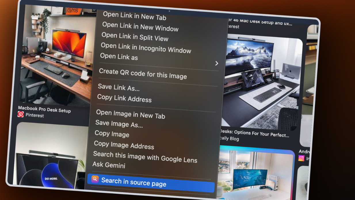 Chrome right-click menu open on an image showing the Search in source page option
