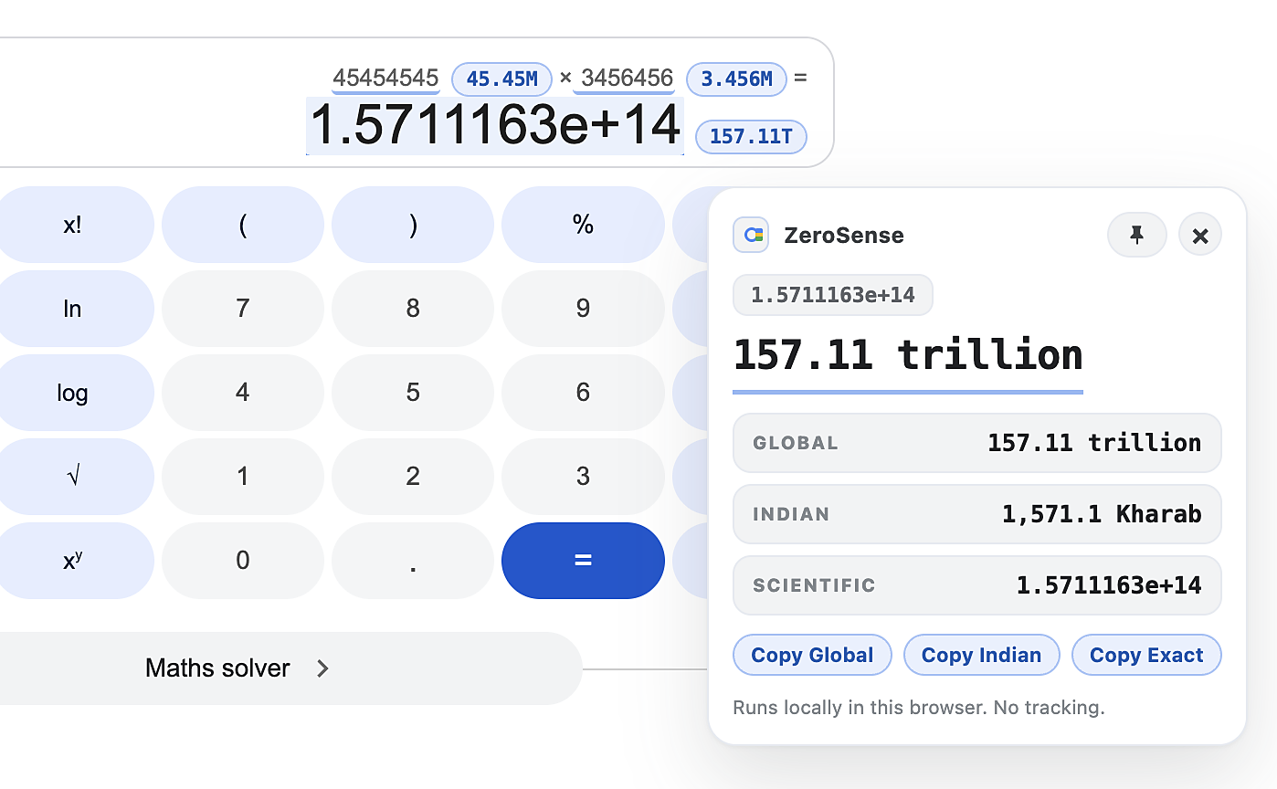 ZeroSense converting 1.5711163e+14 into 157.11 trillion and 1,571.1 Kharab